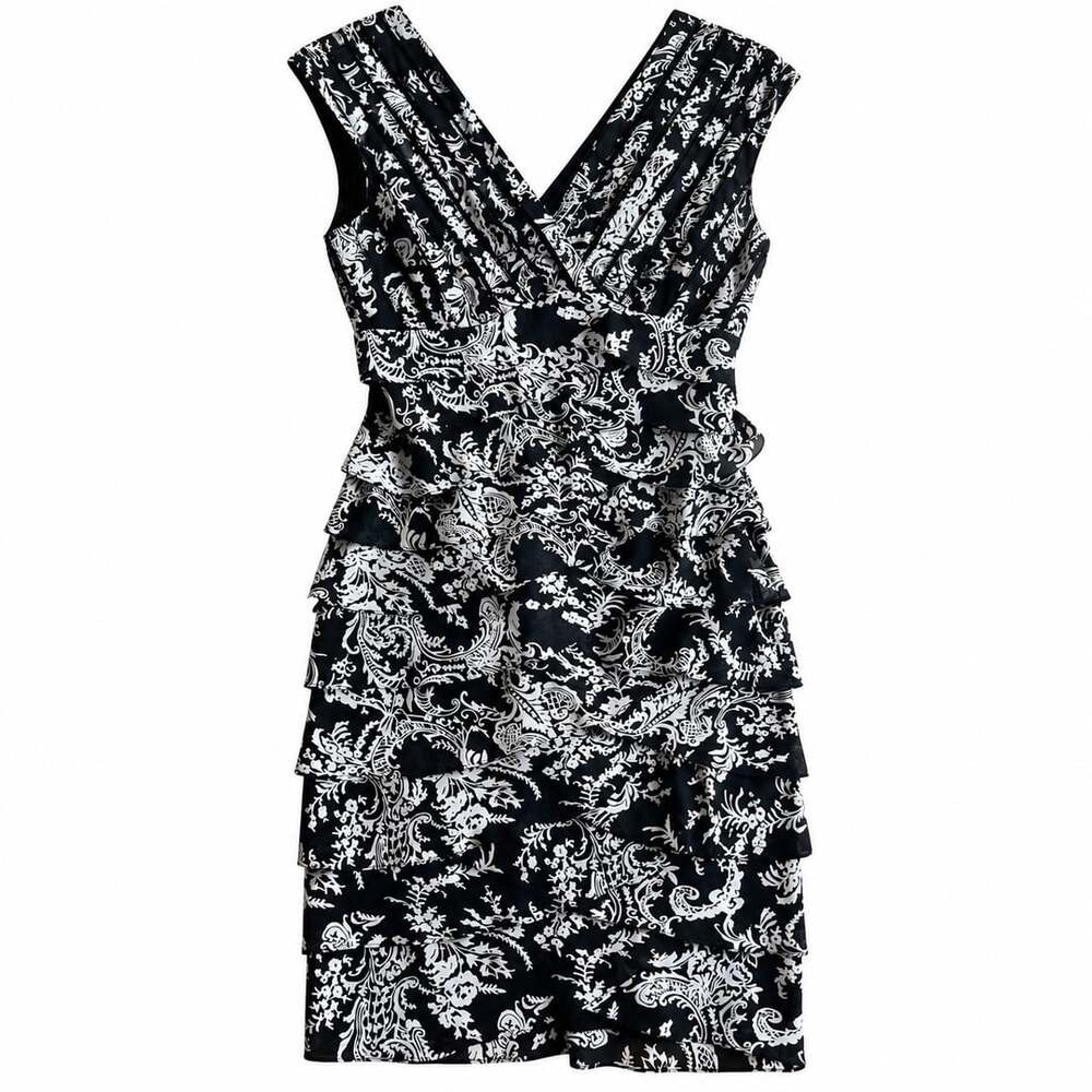 Adrianna Papell Paisley Ruched Sheath Dress Size 6 Black White V Neck